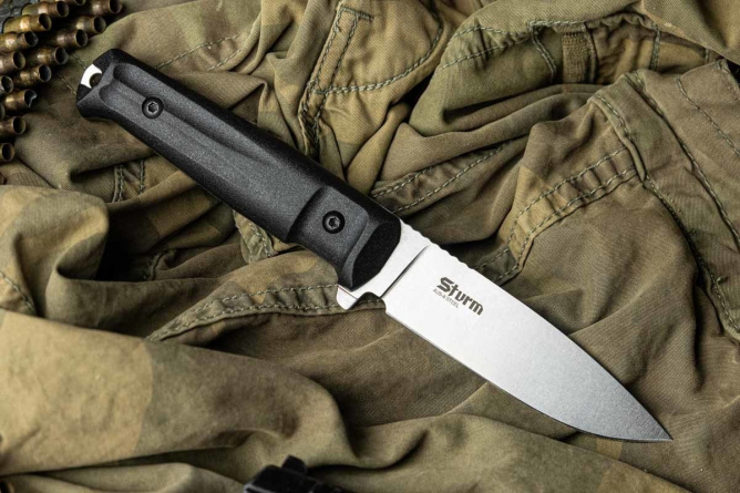 Нож "Sturm" ст. AUS-8 (Stonewash, черная рукоять, черный чехол) фото 3