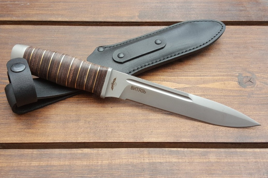 Нож туристический "Витязь" 170 мм, рукоять кожа/латунь, покрытие антиблик фото 1